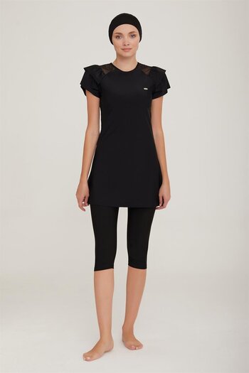 Adasea Women's Semi Covered Hijab Swimsuit Short Sleeve 3205 Black