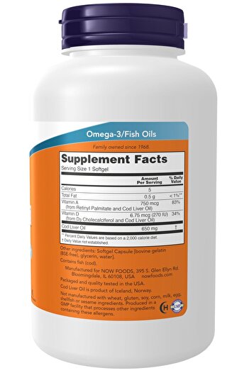 Now Foods Supplements, Cod Liver Oil 650 mg, Excellent Source of Vitamins A and D-3, 250 Softgels