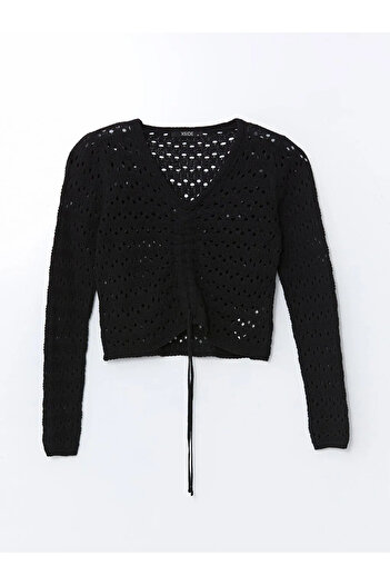 LC Waikiki Xside Black V-Neck Openwork Women's Knitwear Sweater