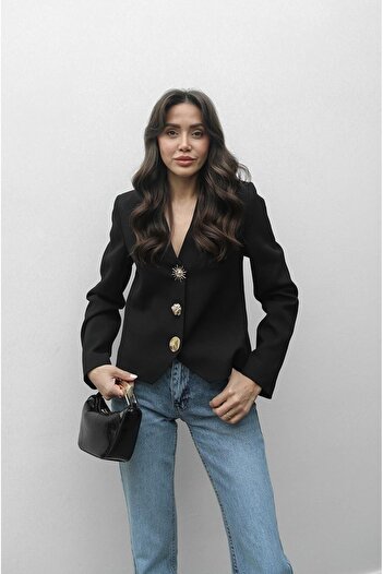 Havoş Black Button Detailed V-Neck Jacket