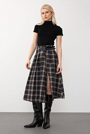 Olcay Belt Detailed Slit Flared Plaid Skirt Anthracite 7057