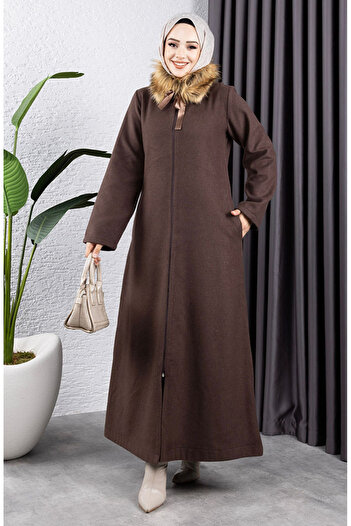 sefamerve Brown Fur Collar Cashmere Coat 2060-04