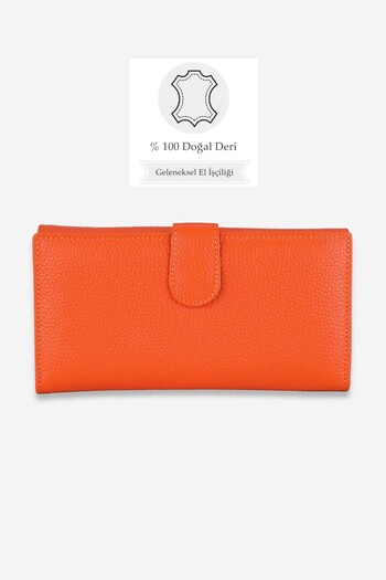 TUNAELLİ Women's Orange Genuine Leather Wallet with Loose Card Holder and Coin Compartment