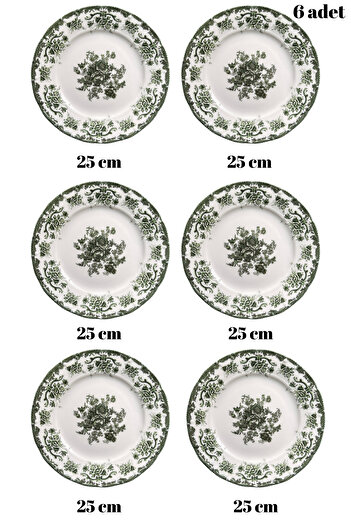 porselenden Antique Green 6 kişilik 25 cm Özel Tasarım Premium Porselen Servis Tabağı Takımı