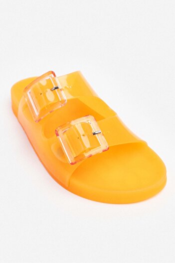NİŞANTAŞI SHOES Marlowe Şeffaf Turuncu Çift Toka Detay Düz Taban Kadın Terlik