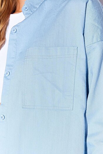 Manche Mavi Oversize tek cepli gabardin rahat kesim soft dokulu pamuk kadın gömlek  | MKW168174-01