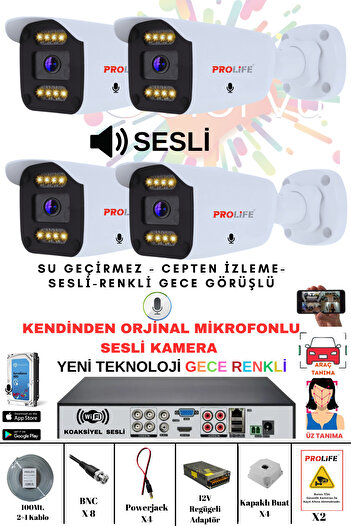 PROLİFE 4 Lü Sesli Güvenlik Kamerası 5 Mp Gece Renkli Yüz Ve Araç Tanımalı Full Hd Kamera Sistemi