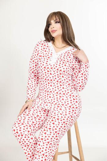 MEBA Set de pijamale pentru mamă, din bumbac pieptănat, cu mânecă lungă, cu rever, cu nasturi, alb, roșu