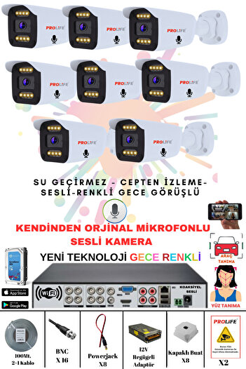 PROLİFE 8 Lİ Sesli Güvenlik Kamerası 5 Mp Gece Renkli Yüz Ve Araç Tanımalı Full Hd Kamera Sistemi