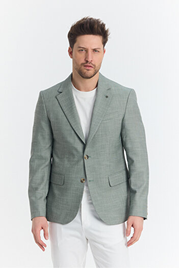 Frappoli Tacues Men's Green Half Lined Flap Pocket Linen Blended Spring-Summer Sports Blazer Jacket