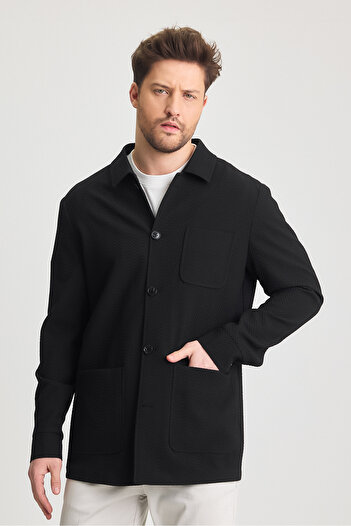 Frappoli Lores Men's Black Unlined Cotton Blended Flexible Fabric Overshirt Spring-Summer Sports Jacket