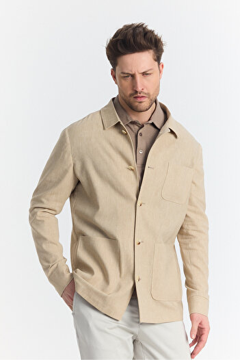 Frappoli Zevos Erkek Camel Keten Karışımlı Overshirt Baharlık Ceket Yeni Sezon