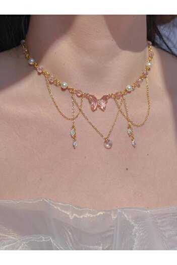 Reorah Collection Fairy Rosetta Choker Kolye-Pembe Kelebekli Boncuklu İncili Choker Kolye