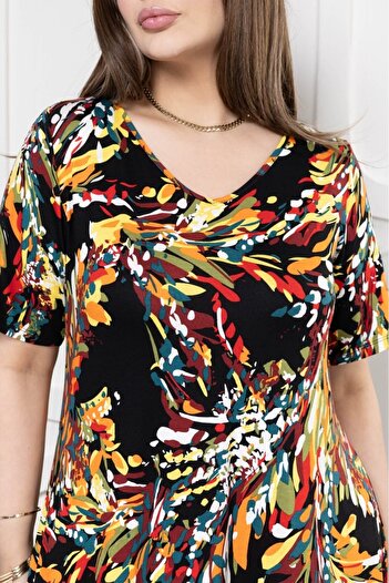 sinemisxxl V-Neck Colorful Short-Sleeved Lycra Plus Size Dress