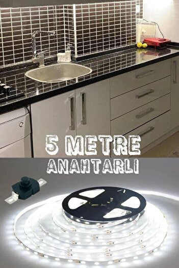 Sanctum Mutfak Dolabı Tezgah Üstü Için 5 Metre Beyaz Şerit Led Işık Adaptörlü Aç Kapa Anahtarlı Tak Çalıştır