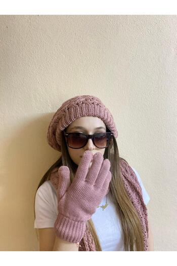 sema aksesuar Women's Winter Hair Braid Patterned Knitwear Painter Beret, Scarf, Gloves Set of 3 - Gift