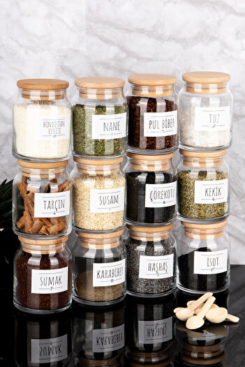 Dolkin Home Set of 12 Wooden Vacuum Lid Luxury Glass Spice Jars Set with Spoon and Label Spice Jar Set 300 ml