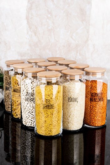 Dolkin Home Set of 12 1300 ml Wooden Vacuum Lid Glass Jar Pulses Set with Transparent Labels