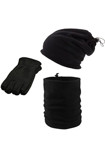 AXE SPORTSWEAR Unisex Black Winter Fleece Cut-Off Half Finger Gloves Fleece Beanie Fleece Neck Collar Set of 3