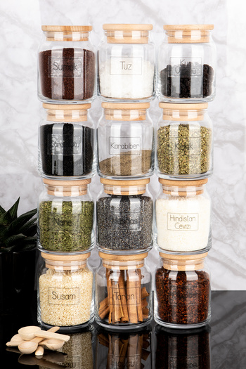 Dolkin Home Set of 12 Wooden Vacuum Lids Luxury Spice Rack with Spoon Transparent Label 300ml
