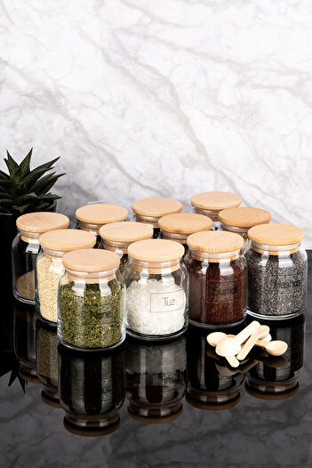 Dolkin Home Set of 12 Wooden Vacuum Lids Luxury Spice Rack with Spoon Transparent Label 300ml