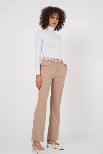 Giyimodam 6538 Belted Flared Trousers - Beige