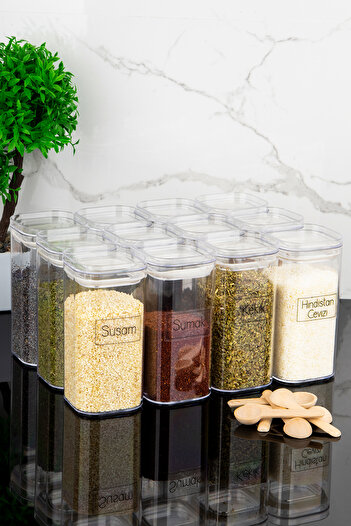 Dolkin Home Set of 12 Mica Spice Jars with Spoon and Transparent Spice Label 300 ml Vacuum Leakproof Lid