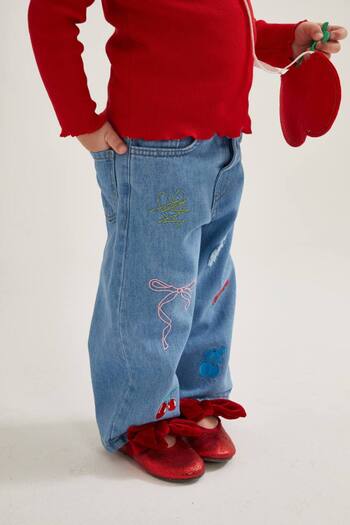 tutasteegiyim Cherry Patterned Girl's Denim Top and Bottom Set with Bag