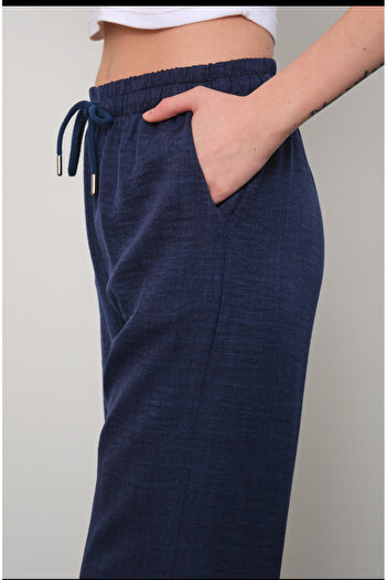 ZERTEX Women's Larcivert Linen Blend Loose Pants Loose Fit Fit Elastic Waist Casual Fit Style Cut