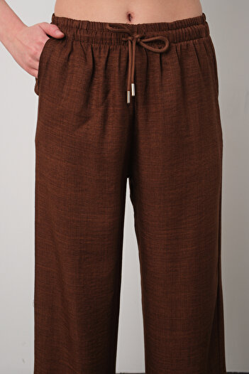 ZERTEX Women's Brown Linen Blend Fabric Loose Cut Trousers Elastic Waist Comfortable Fit Style Cut