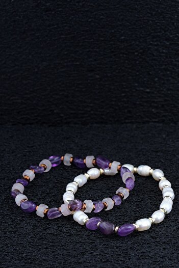 Ssilhoutte Doğaltaş Love, Peace & Protection: Pearl, Amethyst, Hematite & Pink Quartz Bracelet
