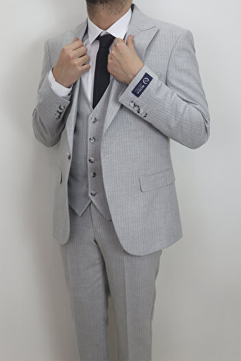 MODA MEN Fistan Store Men's Light Gray Striped Italian Cut Slim Fit Single Button Vest Suit