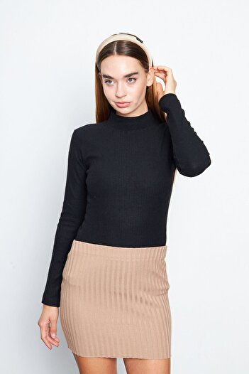 Oyga Women's Black Half Turtleneck Interlock Long Sleeve Slim Blouse
