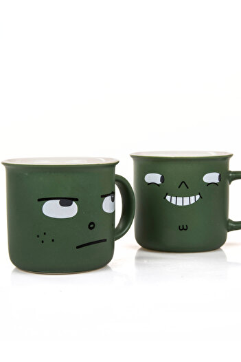 MUKKO HOME Modern Stylish Green Porcelain Mug Set of 2 in 1, 350ml Minimalist Design