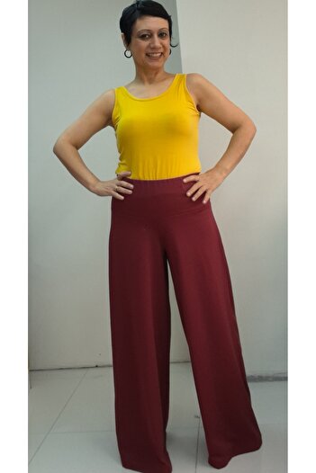 Mertcan Butik Burgundy Elastic Waist Loose Wide Leg Seasonal Steel Knitted Pants Skirt