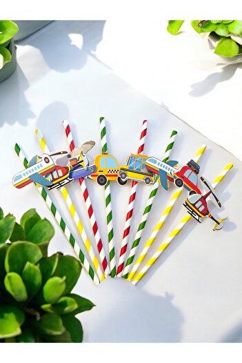 Partifabrik Vehicles Themed Colorful Birthday Straws Set of 8