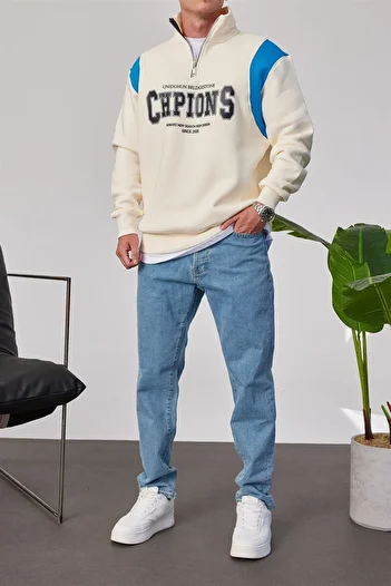 NOMARC Chpions Collar Zippered Ecru Sweatshirt