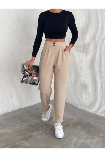 Ovebu Knitted Crepe Pants Double Button
