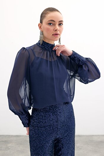 Sateen Sequin Detailed Blouse - Navy Blue