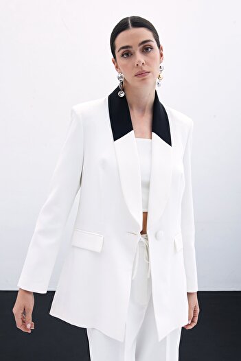 Sateen Contrast Long Jacket - Ecru