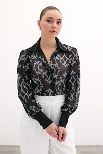 Sateen Chiffon Shirt with Wide Cuffs - Black
