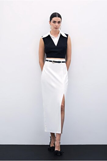 Sateen Slit Belted Long Skirt - Ecru