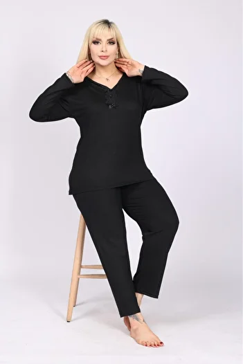 MEBA Women's Large Size Lapel Buttoned Long Sleeve Combed Cotton Mother Black Pajama Set