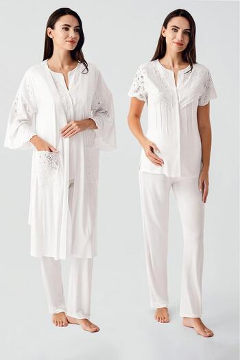 Artış Short Sleeve Buttoned Voile Detailed Stretchy Viscous Maternity Dressing Gown Pajamas Set