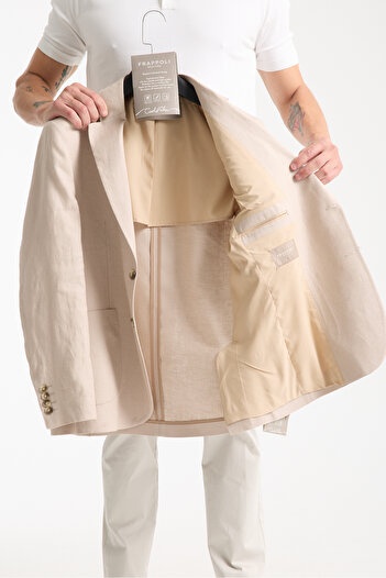 Frappoli Volix Men's Beige Half Lining Bag Pocket 100% Linen Fabric Sports Blazer Jacket