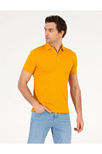 Cacharel Men's Polo Neck Slim Fit Basic T-Shirt-Mustard