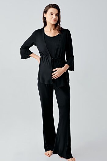 Artış Three-Quarter Sleeve Flared Leg Flexible Viscous Maternity Pajamas Suit