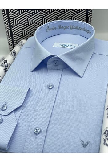 Fitmens Slim Fit Uzun Kol Ömür Boyu Yakandayım Nakışlı Hediye Kutulu Erkek Gömlek FS-001376 - Mavi