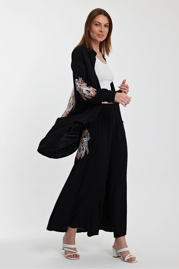 Denismoda Vp930 Ethnic Embroidery Detailed Pocketed Top and Bottom Hijab Set Black