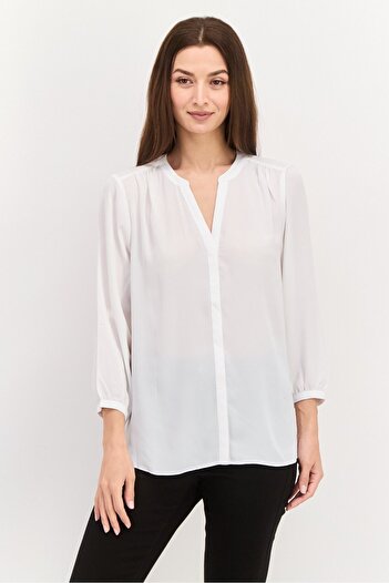 NYDJ Women Split Neck Long Sleeves Plain Top, White